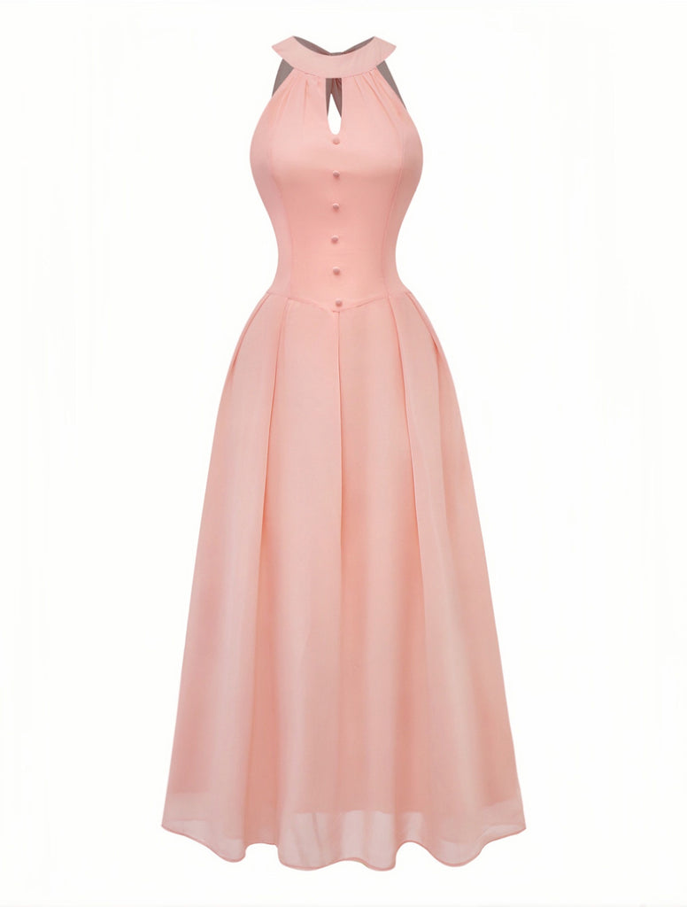 Peach 1940s Halter Cutout Button-Front Maxi Dress: beautiful vintage dress, retro fashion, elegant style with timeless appeal