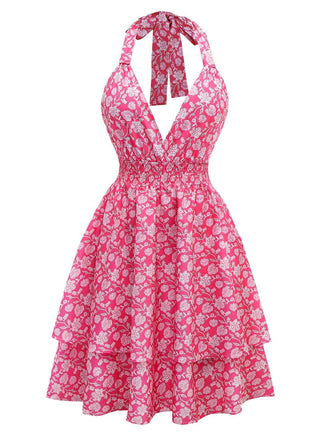 Peach Pink 1960s Smocked Floral Halter Dress - vintage dress, retro fashion