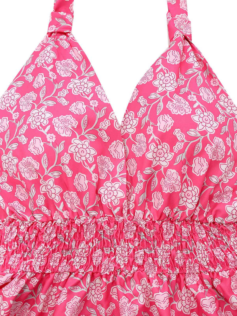 Peach Pink 1960s Smocked Floral Halter Dress - vintage dress, retro fashion
