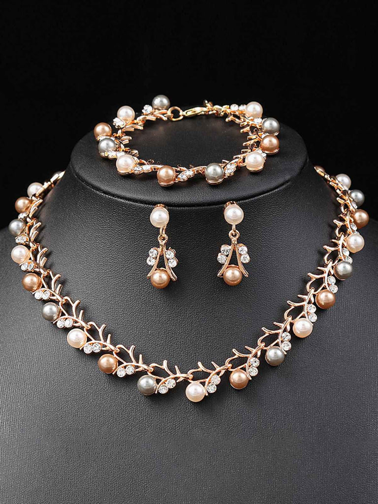 Pearl Rhinestones Vine Shape Necklace & Bracelet & Earrings Set - vintage fashion, retro style