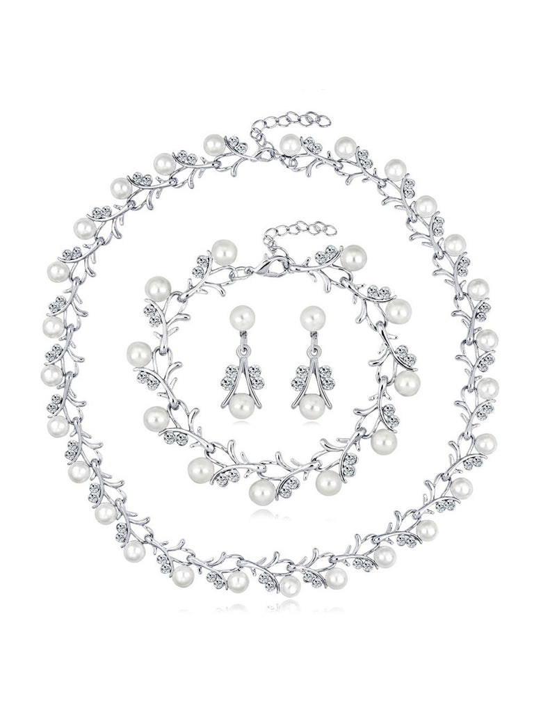 Pearl Rhinestones Vine Shape Necklace & Bracelet & Earrings Set - vintage fashion, retro style