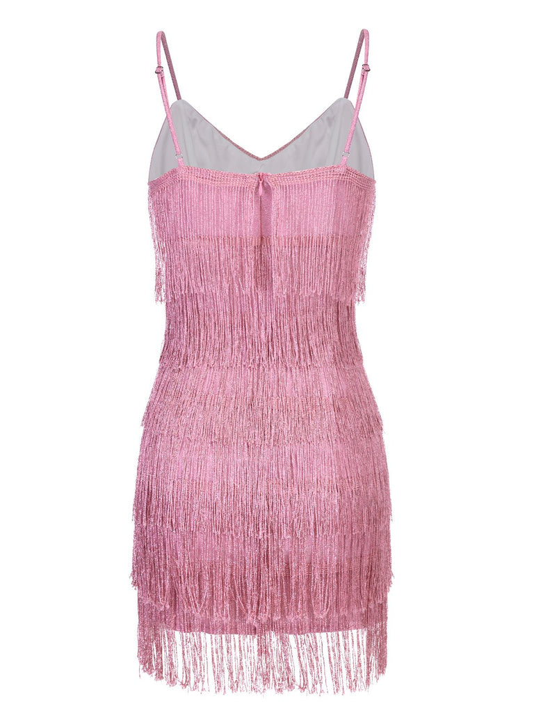 This Pink 1920s Spaghetti Strap V-Neck Fringe Dress wraps her in 1920s elegance, one twirl at a time