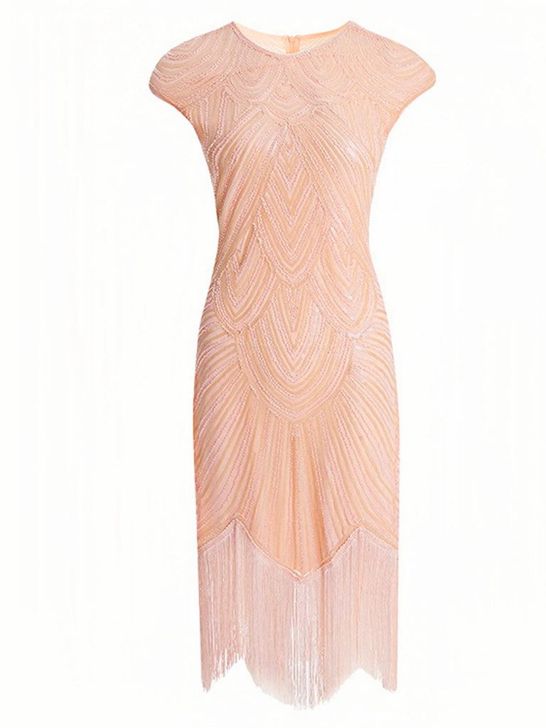 Pink 1920s Tassel Cap Sleeves Sequined Dress, vintage dress, retro fashion, Gatsby party, flapper style - perfect for women who love vintage and retro fashion