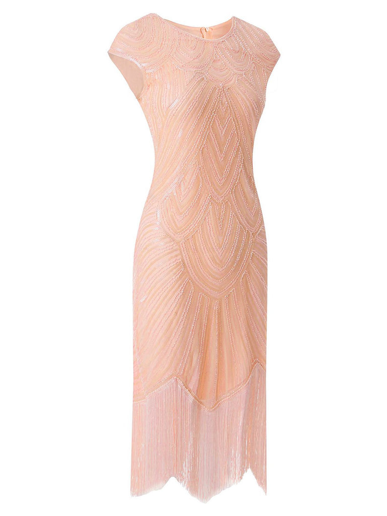 Pink 1920s Tassel Cap Sleeves Sequined Dress, vintage dress, retro fashion, Gatsby party, flapper style - perfect for women who love vintage and retro fashion