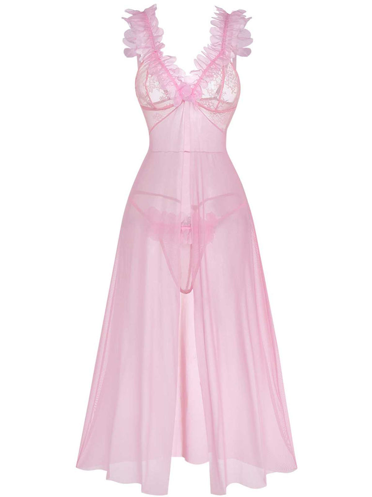 Pink 1930s 3D Floral Sheer Mesh Lace Lingerie Set - vintage fashion, retro style