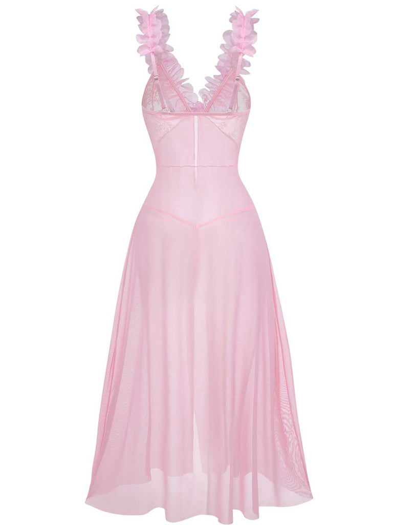 Pink 1930s 3D Floral Sheer Mesh Lace Lingerie Set - vintage fashion, retro style