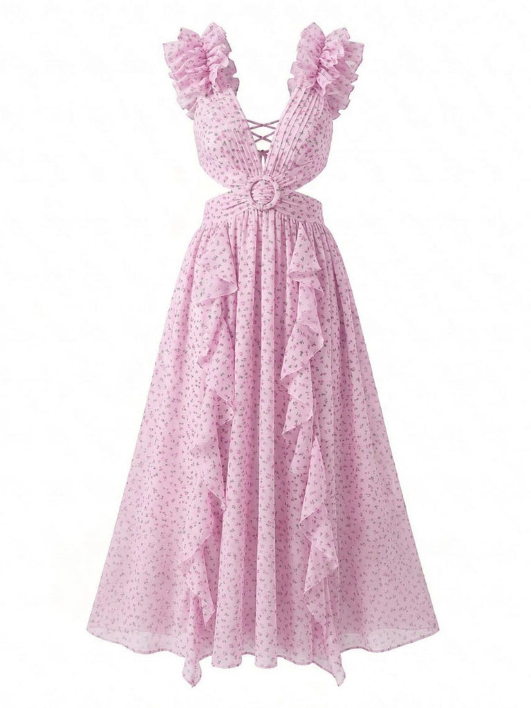 Pink 1930s Floral Ruffled Chiffon V-Neck Cutout Dress: beautiful vintage dress, retro fashion, elegant style with timeless appeal