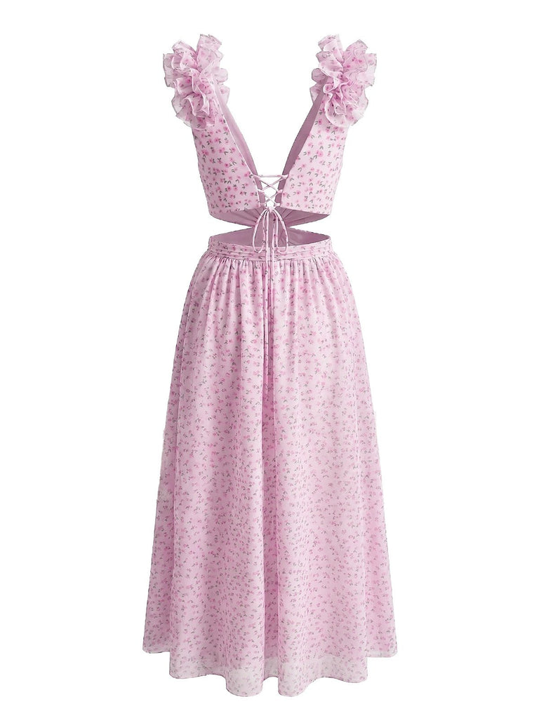 Pink 1930s Floral Ruffled Chiffon V-Neck Cutout Dress | vintage dress, retro fashion, elegant style - perfect for retro fashion enthusiasts