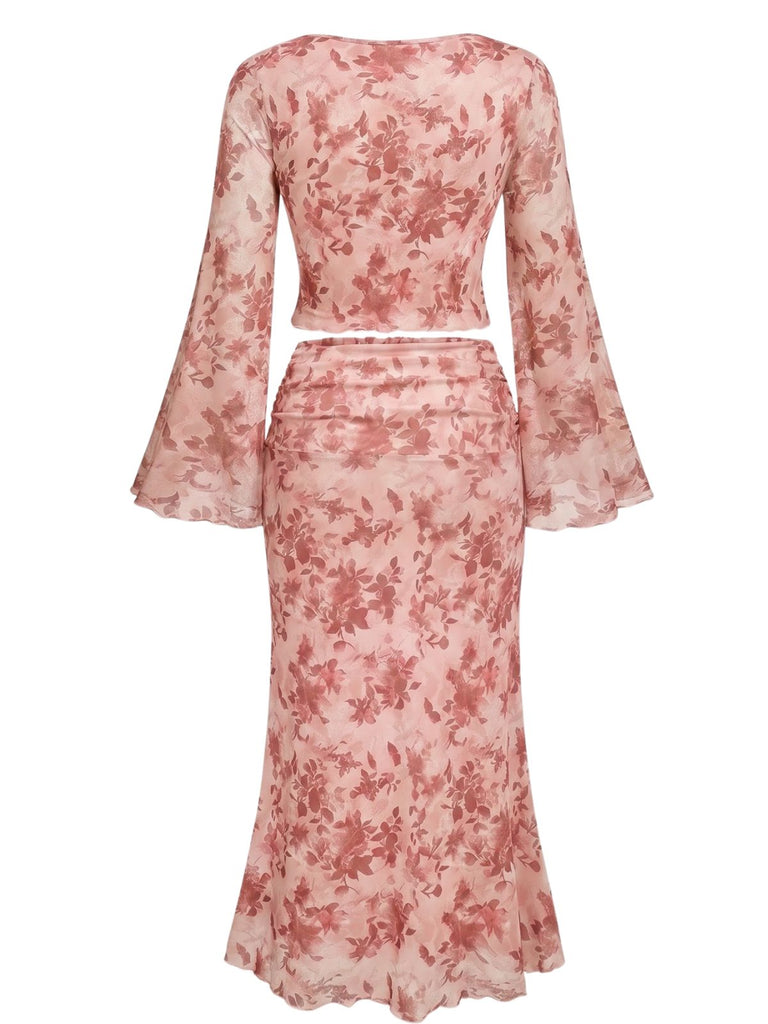 Pink 1930s Floral Square Neck Bell Sleeve 2PCS, vintage fashion, retro style - perfect for women who love vintage and retro fashion