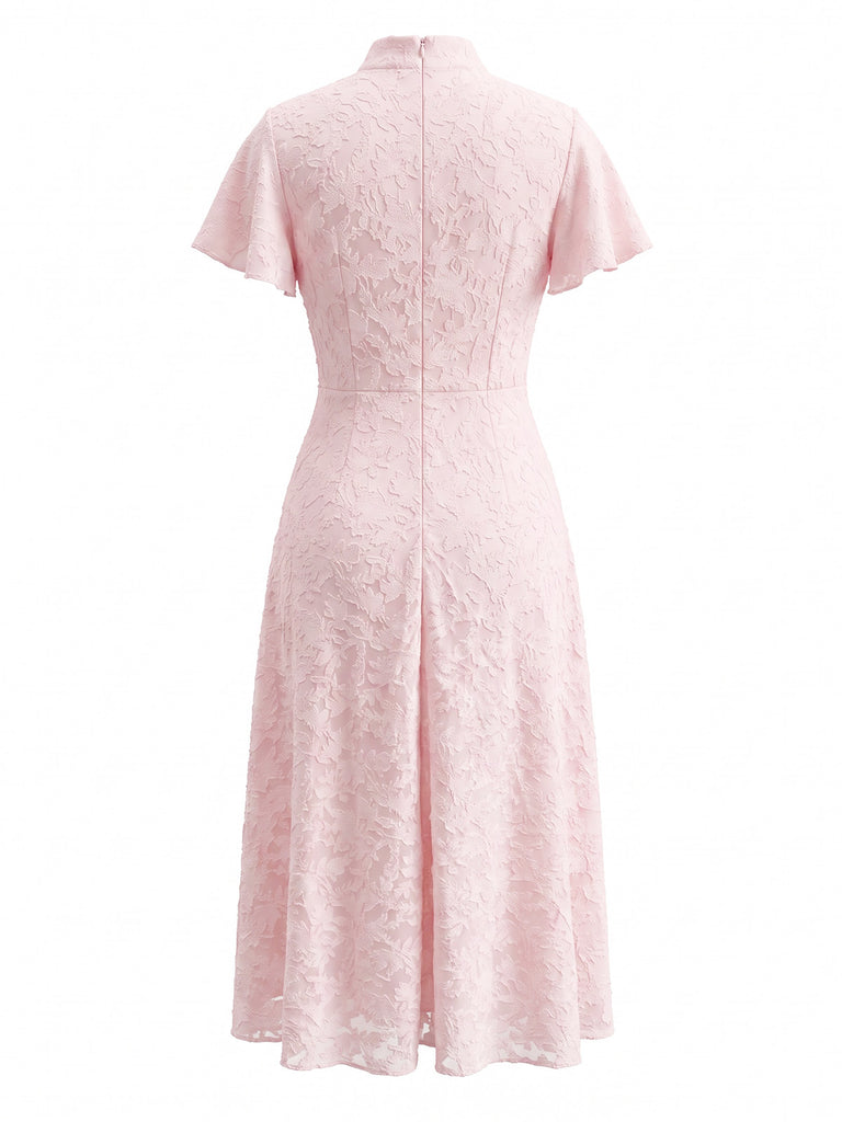 Pink 1940s Floral Lace Bow Dress 4