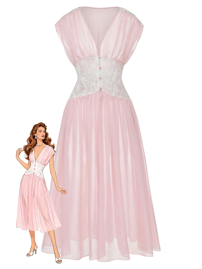 Pink 1930s Mesh Pleated Lace Waist Robe - vintage fashion, retro style