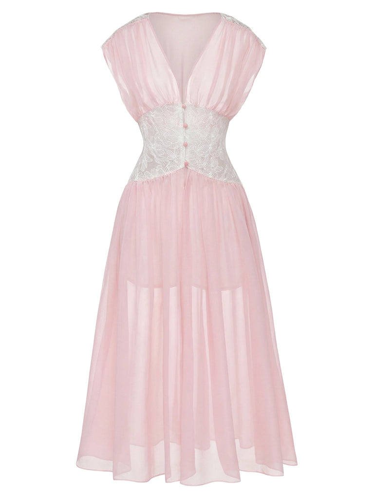 Pink 1930s Mesh Pleated Lace Waist Robe - vintage fashion, retro style