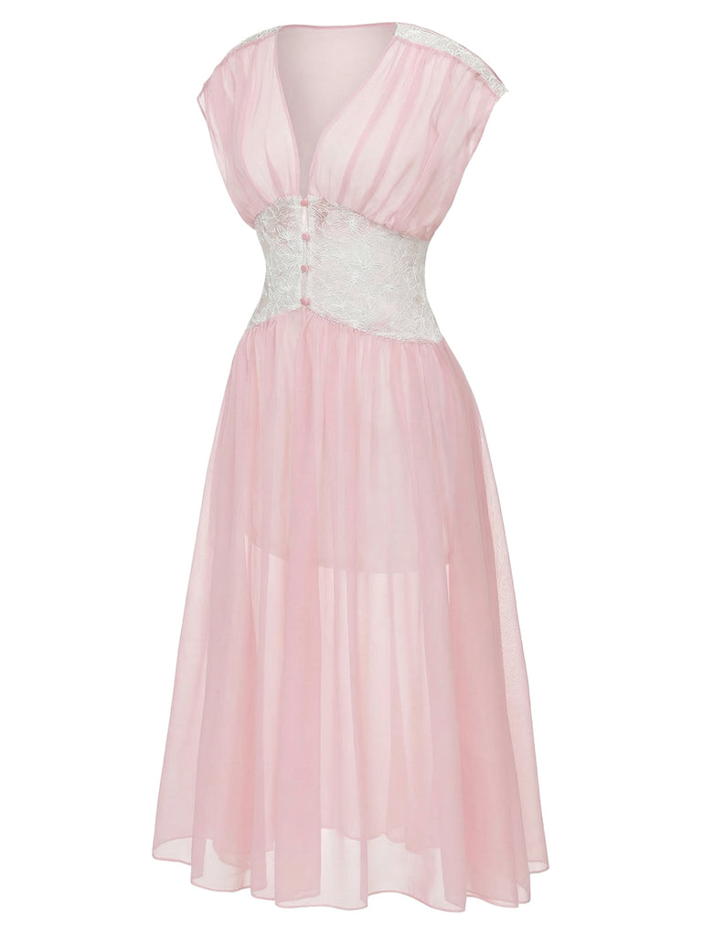 Pink 1930s Mesh Pleated Lace Waist Robe - vintage fashion, retro style