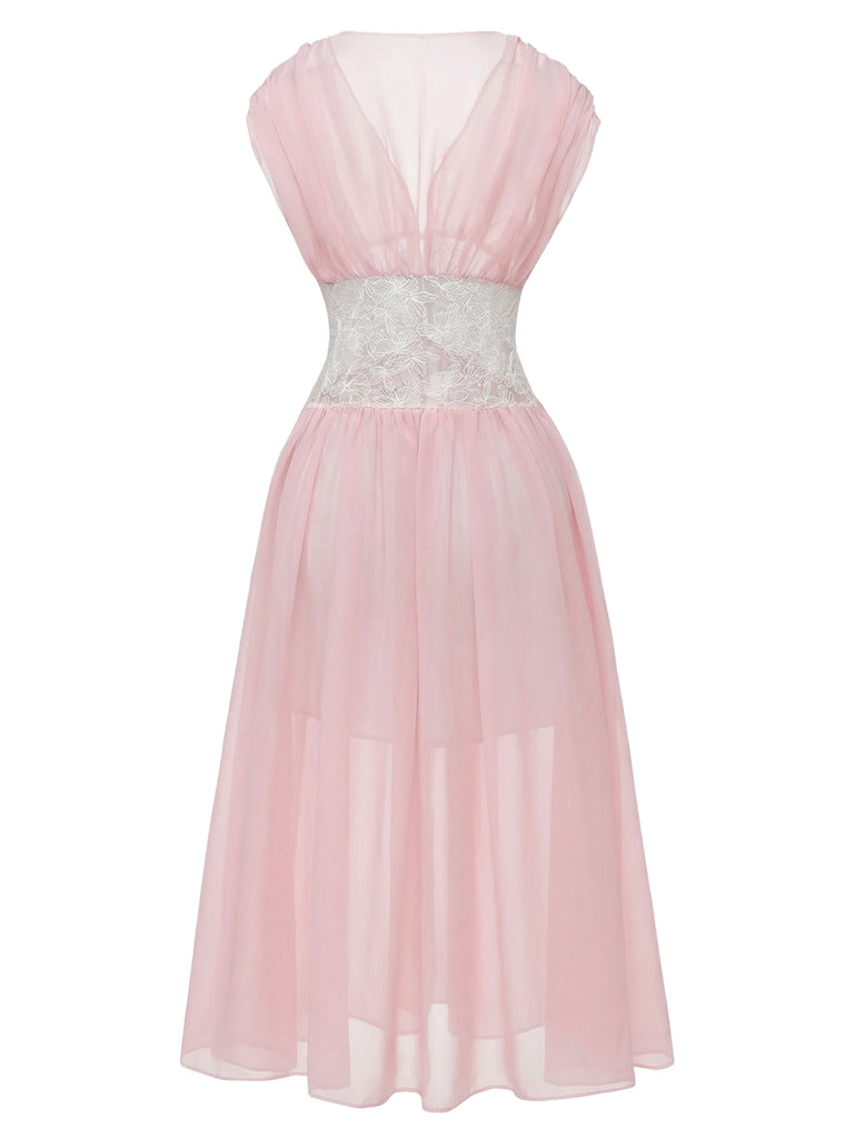 Pink 1930s Mesh Pleated Lace Waist Robe - vintage fashion, retro style