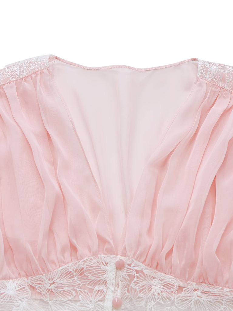 Pink 1930s Mesh Pleated Lace Waist Robe - vintage fashion, retro style