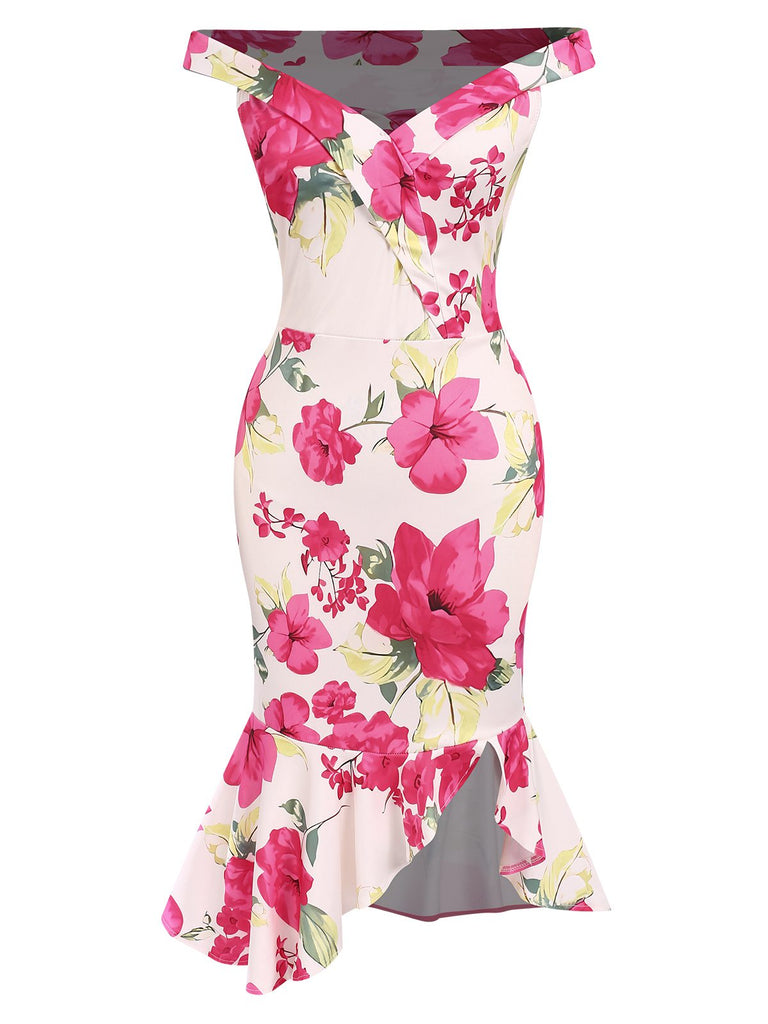 Pink 1930s Off-Shoulder Floral Mermaid Dress, vintage dress, retro fashion, floral print - perfect for women who love vintage and retro fashion