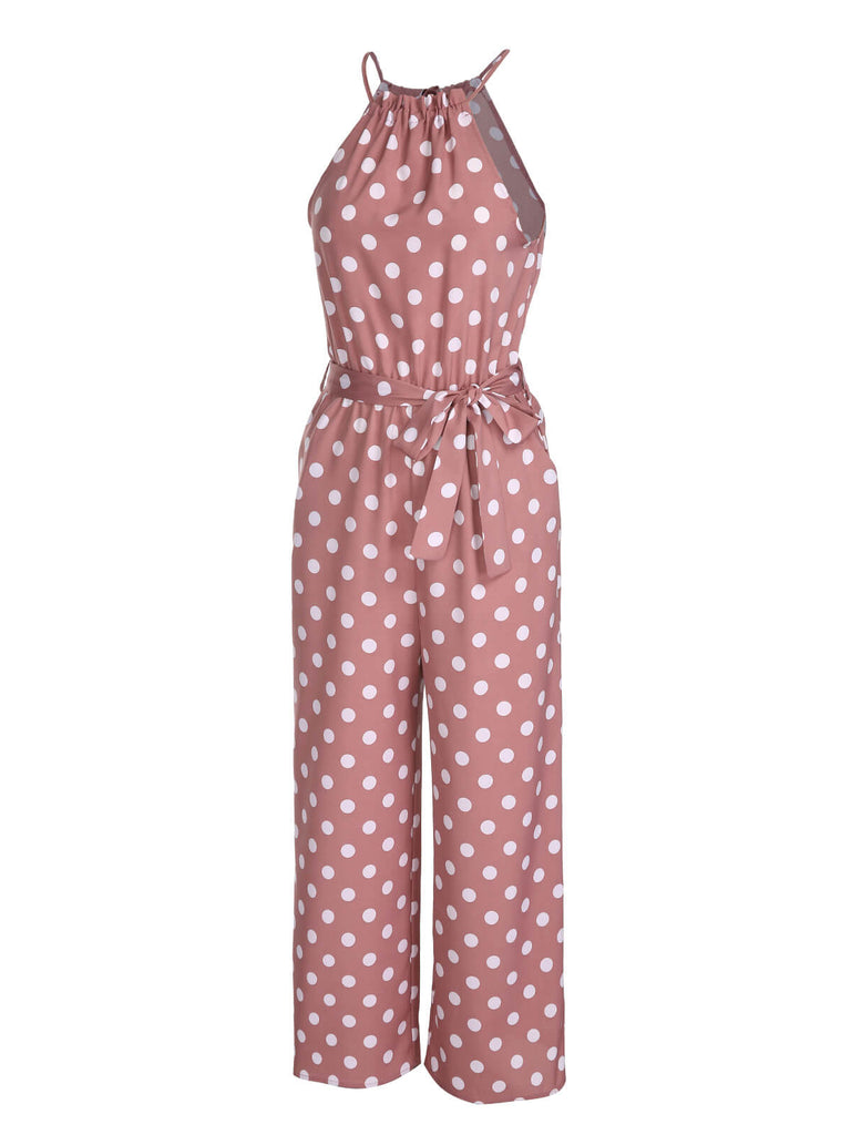 Pink 1930s Polka Dots Drawstring Halter Jumpsuit, vintage romper, retro jumpsuit - perfect for women who love vintage and retro fashion