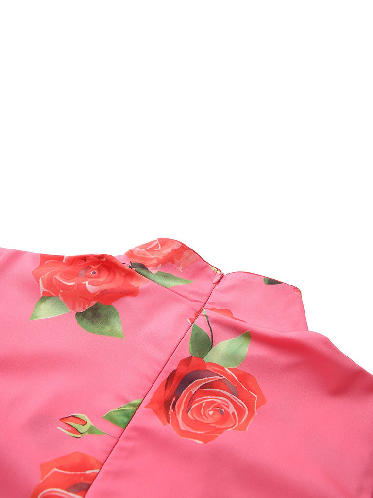 Pink 1930s Rose Ruffle-Sleeve High-Neck Maxi Dress - vintage dress, retro fashion