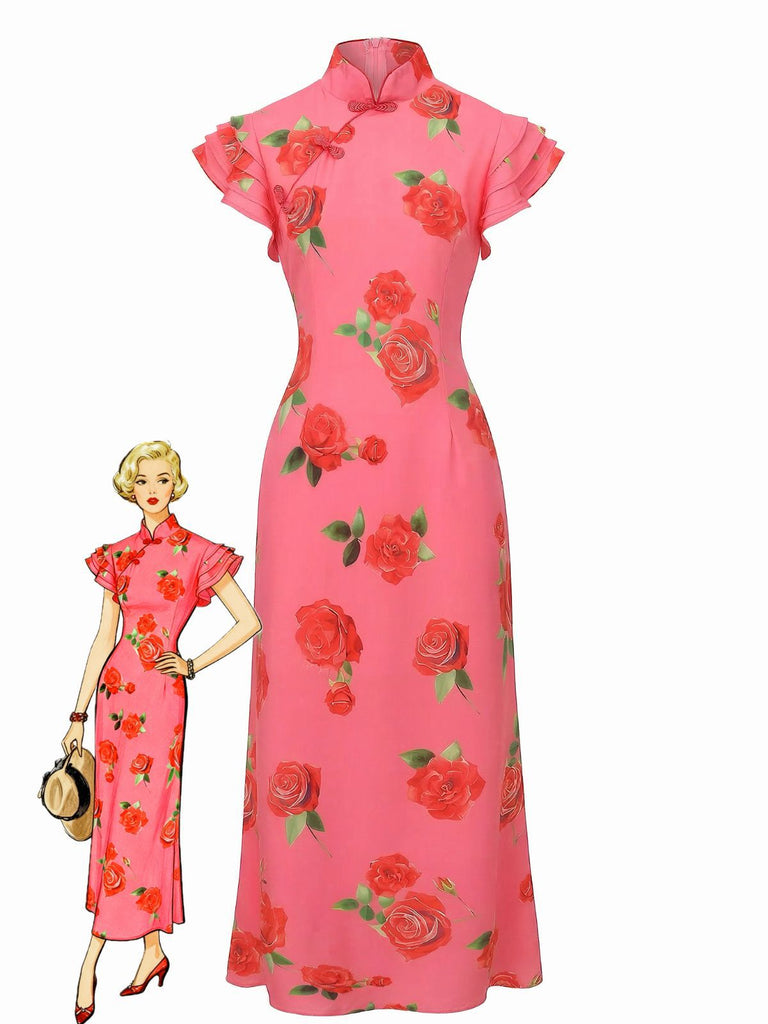 Pink 1930s Rose Ruffle-Sleeve High-Neck Maxi Dress - vintage dress, retro fashion for vintage lovers