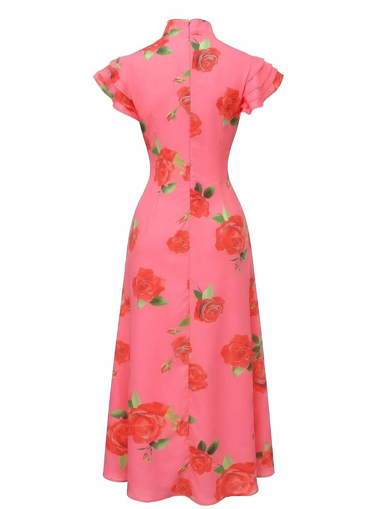 Pink 1930s Rose Ruffle-Sleeve High-Neck Maxi Dress - vintage dress, retro fashion for vintage lovers