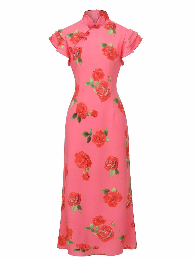 Pink 1930s Rose Ruffle-Sleeve High-Neck Maxi Dress - vintage dress, retro fashion for vintage lovers