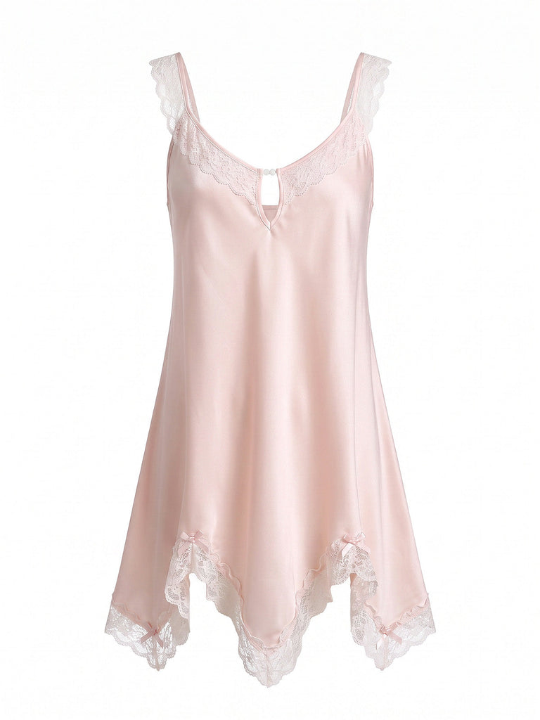 Pink 1930s Satin Lace Keyhole Scoop Neck Nightgown - vintage fashion, retro style for vintage lovers