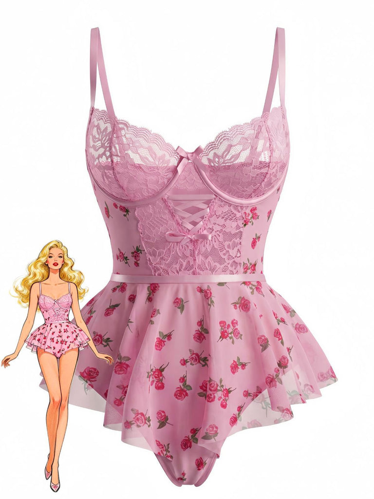 Pink 1930s Slip Roses Bow Lace Sleepwear - vintage nightgown, retro sleepwear