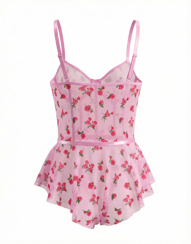 Pink 1930s Slip Roses Bow Lace Sleepwear - vintage nightgown, retro sleepwear