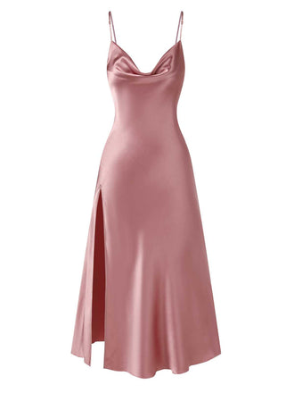 She slips into this Pink 1930s Solid Satin Slit Suspender Nightdress and suddenly it's a 1930s daydream