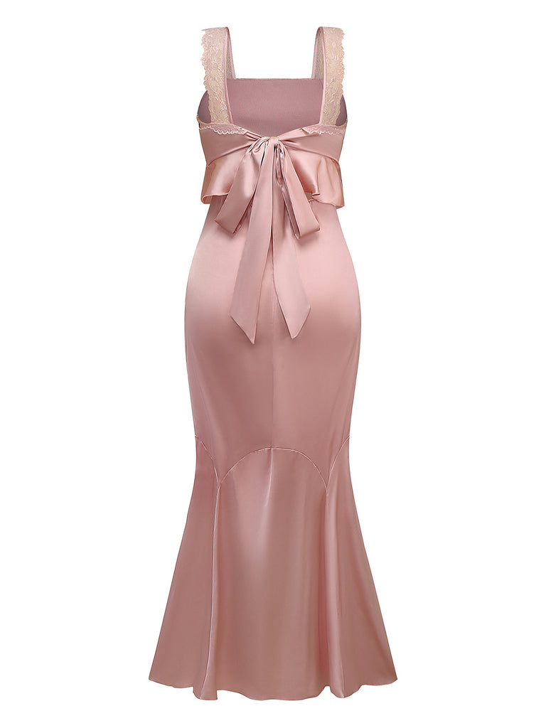 Pink 1930s Strap Lace Ruffles Satin Mermaid Dress - vintage dress, retro fashion