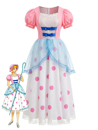 Pink 1940s Bo Peep Cosplay Puff Polka Dot Dress - vintage dress, retro fashion