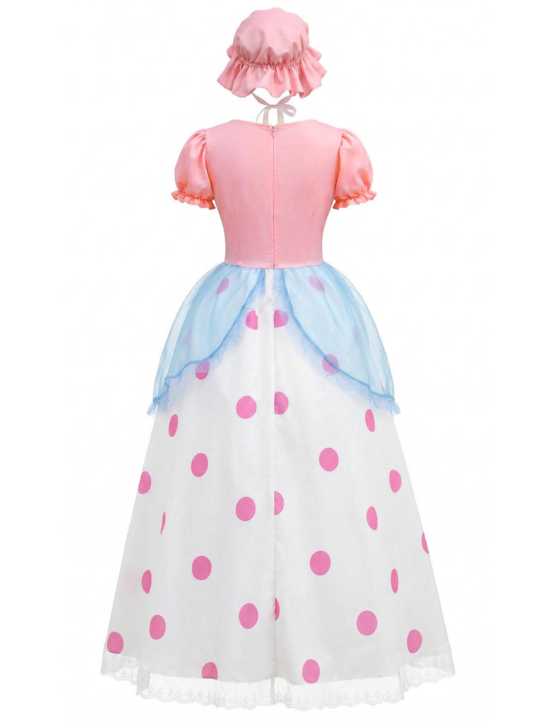 Pink 1940s Bo Peep Cosplay Puff Polka Dot Dress - vintage dress, retro fashion