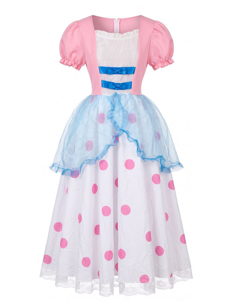 Pink 1940s Bo Peep Cosplay Puff Polka Dot Dress, vintage dress, retro fashion - perfect for women who love vintage and retro fashion