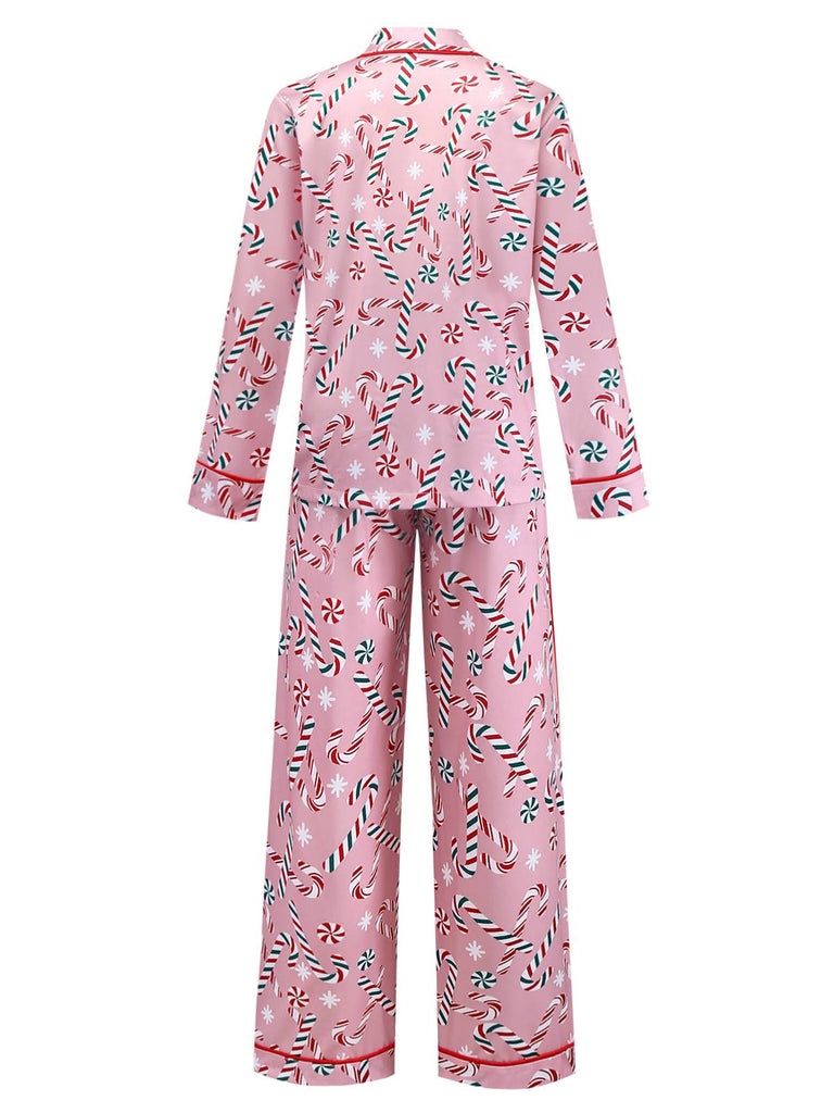 Pink 1940s Christmas Candy Cane Long Pajama Set - vintage fashion, retro style