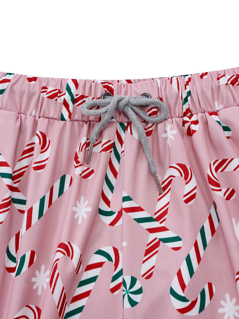 Pink 1940s Christmas Candy Cane Long Pajama Set - vintage fashion, retro style