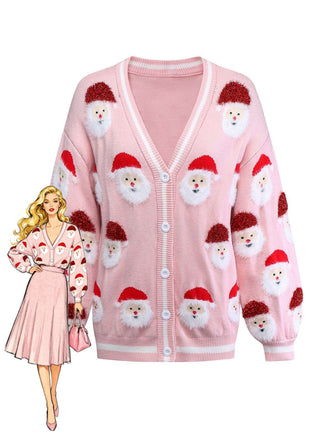 Pink 1940s Christmas Santa Claus Jacquard Cardigan - vintage fashion, retro style