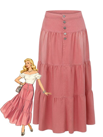 Pink 1940s Denim Button-Down Tiered Maxi Skirt - vintage skirt, retro style, elegant red