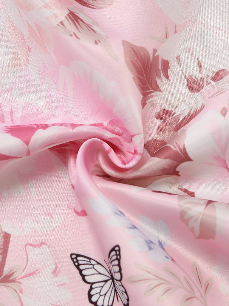Pink 1940s Floral V Neck Bow Dress 4