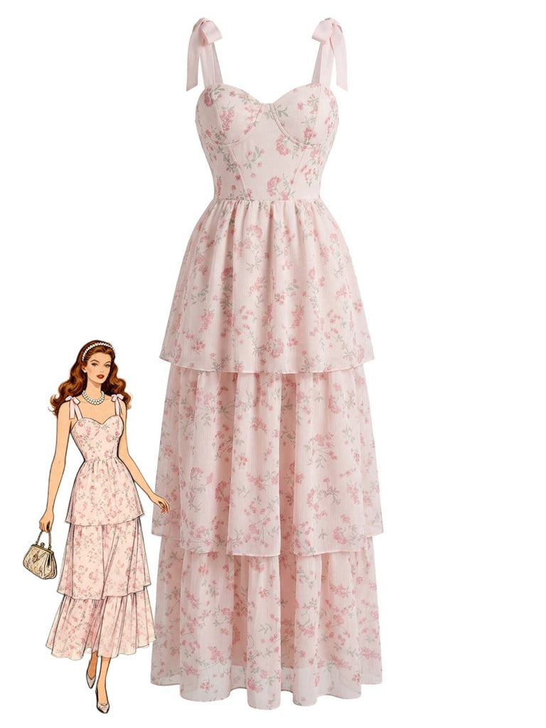 Pink-1940s-Floral-Fishbone-Layered-Tie-Strap-Mesh-Midi-Dress, vintage, retro, dress