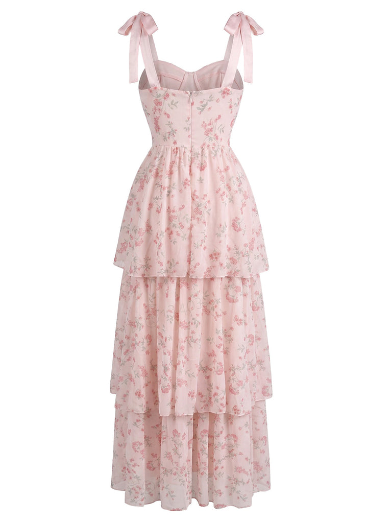 Pink-1940s-Floral-Fishbone-Layered-Tie-Strap-Mesh-Midi-Dress, vintage, retro, dress