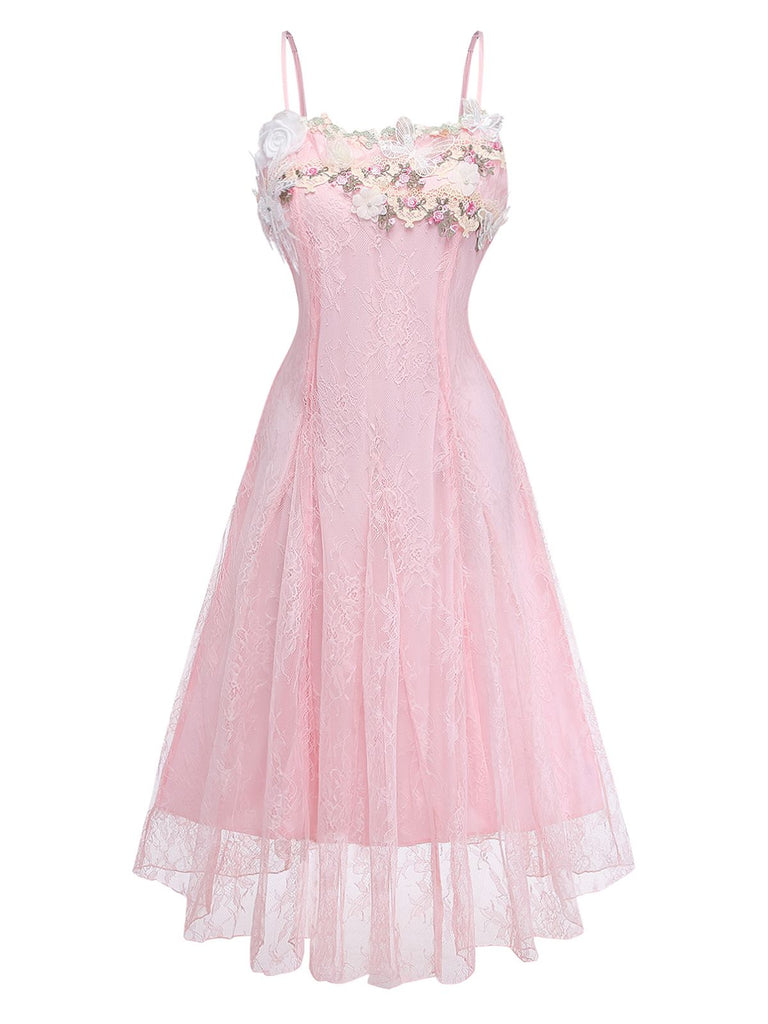 Pink 1940s Floral Lace Spaghetti-Strap Maxi Dress - vintage dress, retro fashion