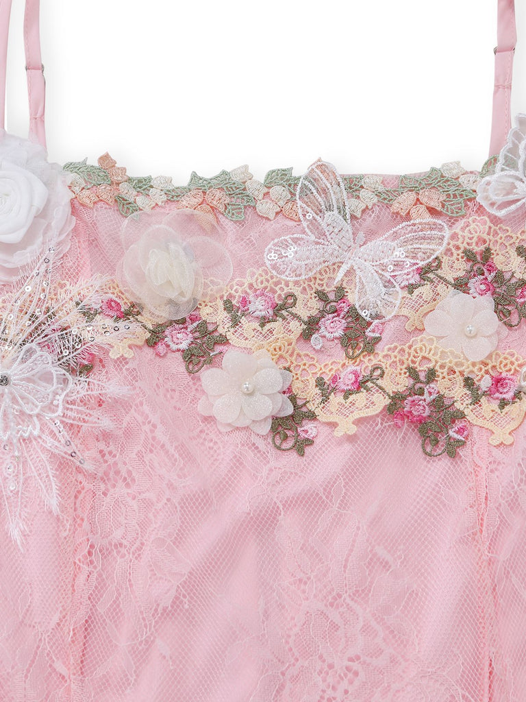 Pink 1940s Floral Lace Spaghetti-Strap Maxi Dress - vintage dress, retro fashion