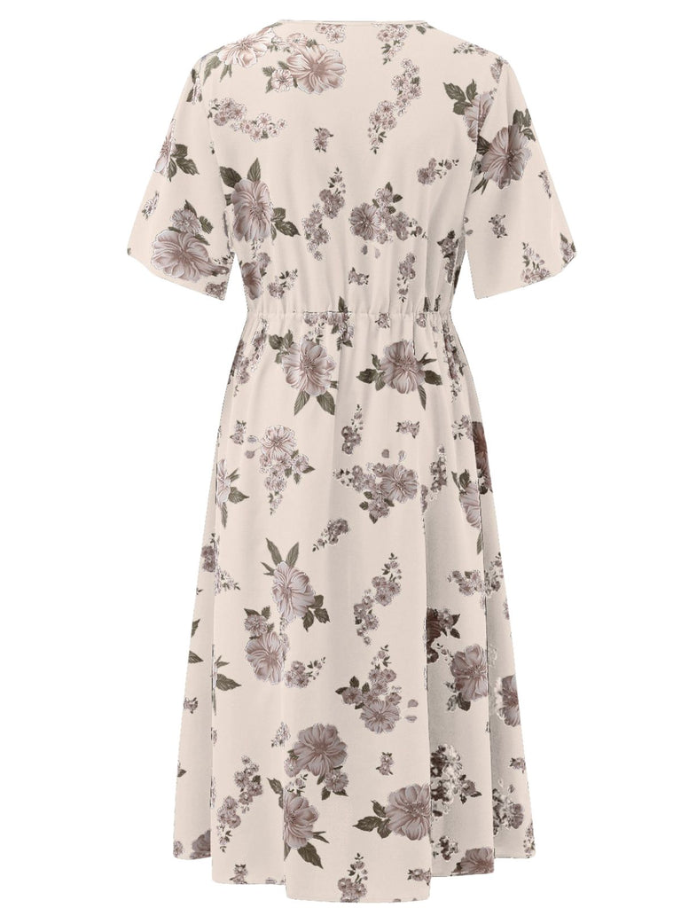 [Plus Size] Pink 1940s Floral Print Short Sleeve Cinched Waist Dress, vintage dress, retro fashion, floral print - perfect for women who love vintage and retro fashion