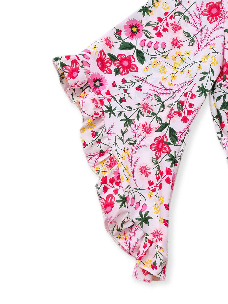 Pink 1940s Flouce Sleeve V-Neck Floral Dress - vintage dress, retro fashion
