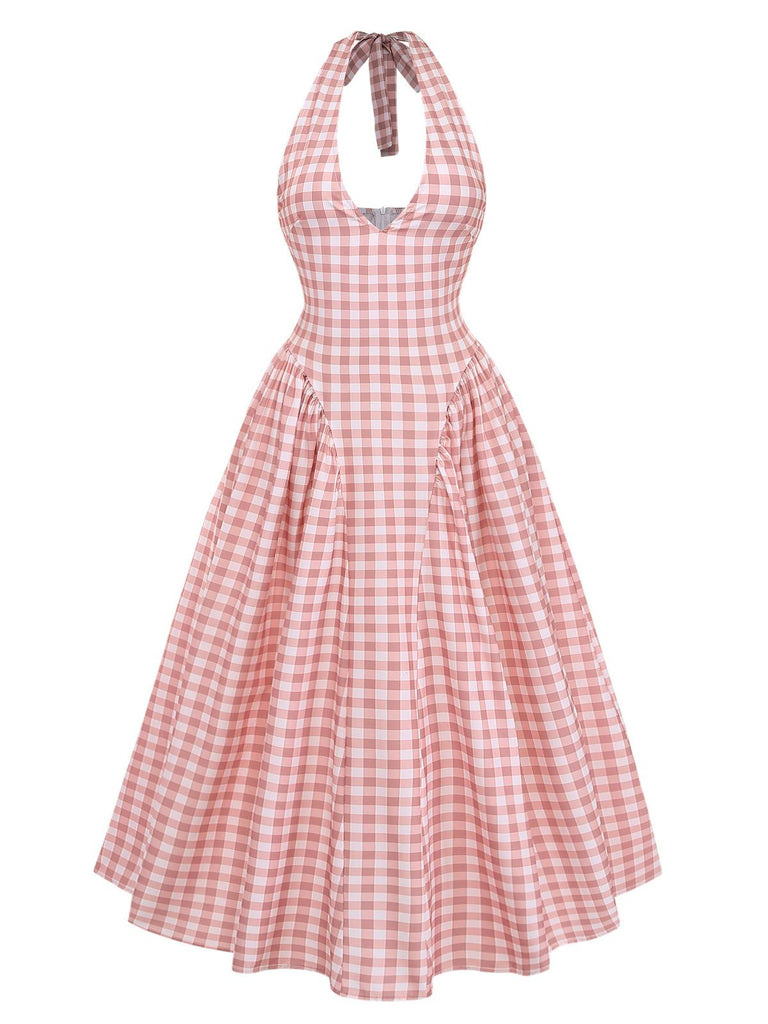 Pink 1940s Gingham V-Neck Sleeveless Flared Maxi Dress: beautiful vintage dress, retro fashion, elegant style with timeless appeal