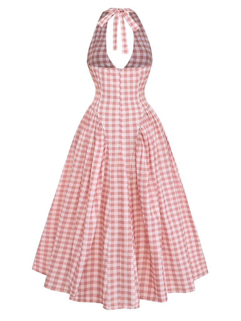 Pink 1940s Gingham V-Neck Sleeveless Flared Maxi Dress | vintage dress, retro fashion, elegant style - perfect for retro fashion enthusiasts
