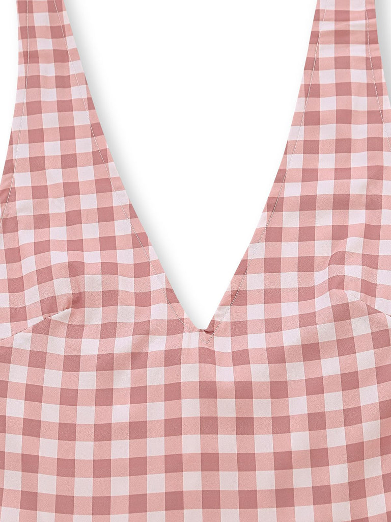 Pink 1940s Gingham V-Neck Sleeveless Flared Maxi Dress - vintage dress, retro fashion, elegant style for vintage lovers