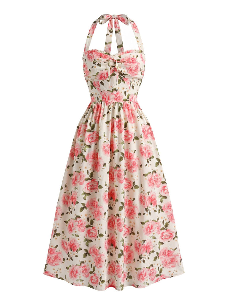 Pink 1940s Halter Print High Waist Dress 3