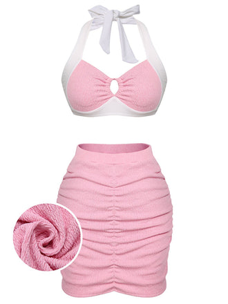 Pink 1940s Patchwork Lace-Up Halter Swimsuit: timeless style reimagined