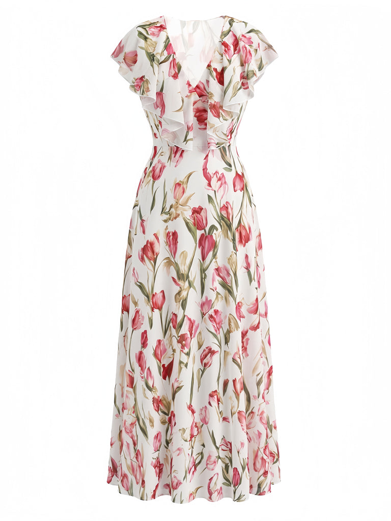 Pink 1940s Short Sleeve V-Neck Midi Dress, vintage dress, retro fashion - perfect for women who love vintage and retro fashion